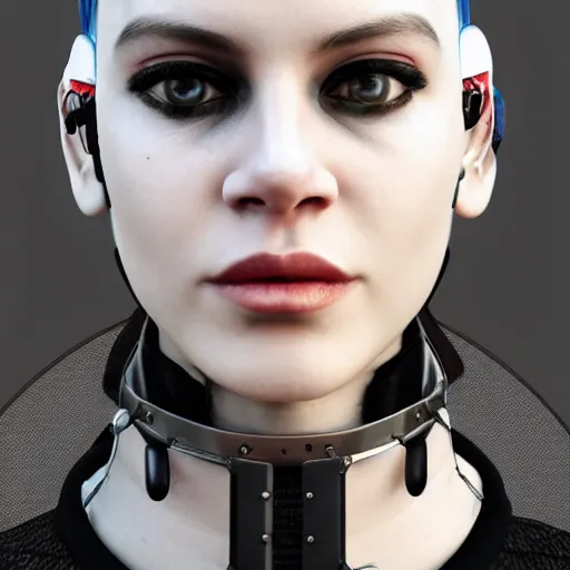 Image similar to detailed realistic cyberpunk female character cyberpunk wearing steel collar around neck, realistic, art, beautiful, 4K, collar, choker, collar around neck, punk, artstation, detailed, female, woman, choker, cyberpunk, neon, punk, collar, choker, collar around neck, thick collar, choker around neck, wearing choker, wearing collar, bright neon punk hair,