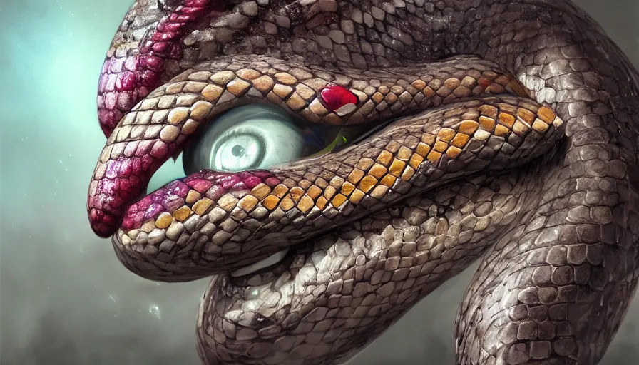 Image similar to hybrid of a [ happy snake with diamond eyeballs ] and [ sad clown ], rule of thirds, beautiful detailed face, ultra realistic, concept art, intricate details, serious, highly detailed, photorealistic, octane render, 8 k, unreal engine, detailed oil painting.