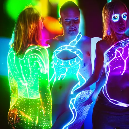 Image similar to diverse groups of humans with glowing electronic body implants projecting amazing images collectively, from behind, rebirth, beauty, wide angle, elaborate, wet, highly detailed, colors, beautiful lighting