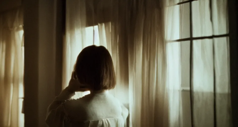 Prompt: Halloween film, cinematic color tones. Scene where a woman in white looking the window at night, focus her back