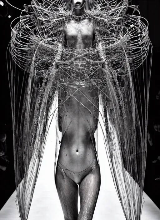 Image similar to walking down the catwalk, steven klein, mert alas and marcus piggott, show, stage, vogue photo, podium, fashion show photo, iris van herpen, beautiful woman, full body shot, alien, masterpiece, inflateble shapes, plant predator, guyver, jellyfish, wires, veins, biomechanical details