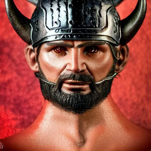 Image similar to of a viking from valhalla, wearing the horned helmet ultra fine detail, hair strands, ultra high resolution, fine texture detail, miniature painting techniques, perfect proportions, marvel cinematic universe, eric bana