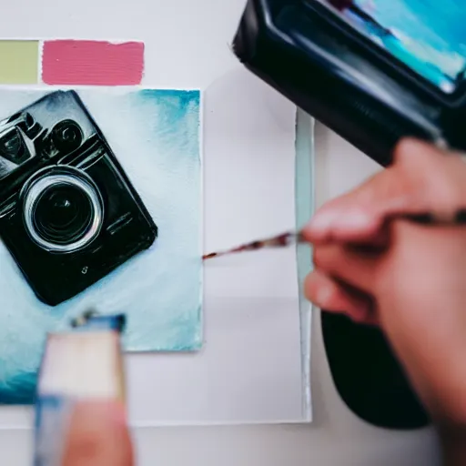 Image similar to photograph of an artist painting a picture of a polaroid of a camera