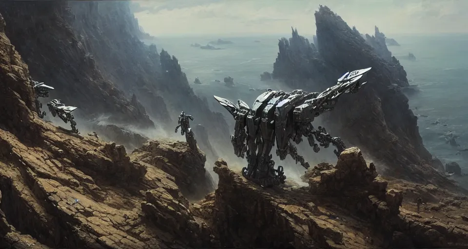 Prompt: hyper realistic sci - fi matte concept art painting of mecha on a cliff overlooking a raging battle, beautiful details, strong composition painted by kim jung guweta studio rutkowski, james gurney and greg rutkowski, and lucasfilm, smooth, intricate, detailed, sharp focus, cinematic