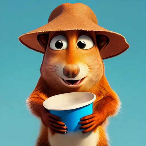 Image similar to a squirrel wearing a bucket hat. pixar.