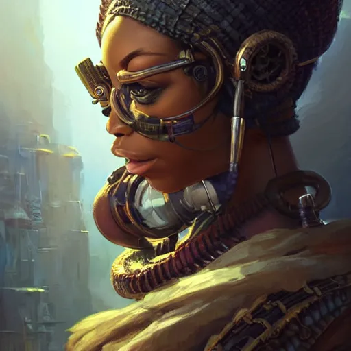 Image similar to african steampunk alchemist, science fiction, highly detailed, digital painting, beautiful eyes, symmetry, concept art, sharp focus, illustration, global illumination, radiant light, detailed and intricate environment, art by artgerm and greg rutkowski and magali villeneuve and ilya kuvshinov!