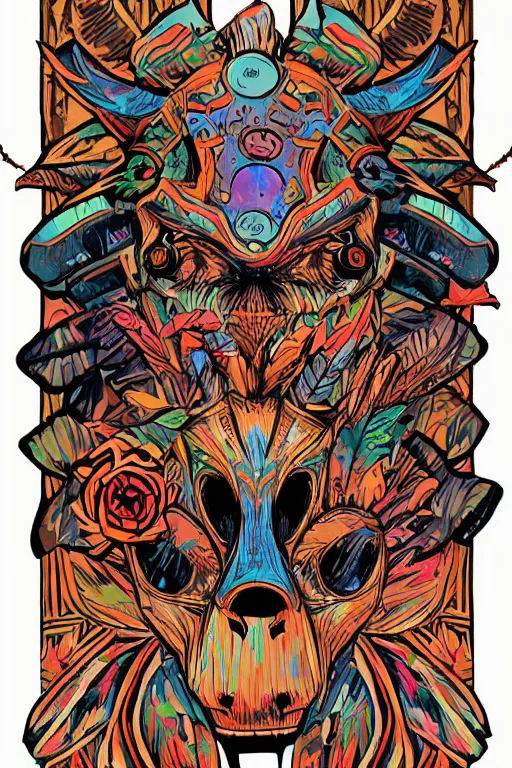 Image similar to animal mask totem roots flower tribal feather gemstone plant wood rock shaman vodoo video game vector cutout illustration vivid multicolor borderlands comics by josan gonzales and dan mumford radiating a glowing aura