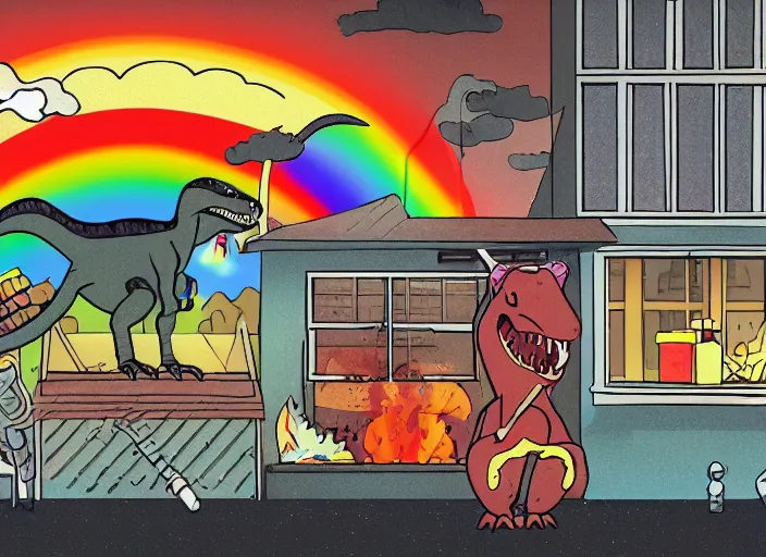 Prompt: an illustration of a delicious dinosaur barbecuing waffles and chewing gum, next to a rainbow window drapes, outside a noir future