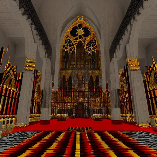 Prompt: hyper detailed interior of a gothic cathedral with deep red black and gold accents, elaborate altar in the center with balconies along the side, built in minecraft, voxels