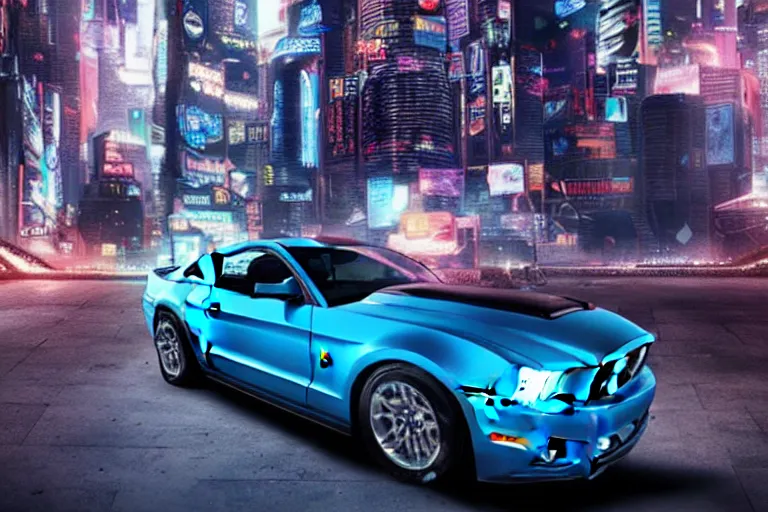 Image similar to ford mustang in cyberpunk city