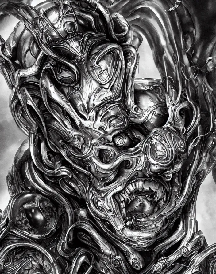 Image similar to engineer prometheus face, xenomorph alien face, highly detailed, symmetrical long head face, smooth marble surfaces, detailed ink illustration, raiden metal gear, cinematic smooth stone, deep aesthetic, concept art, post process, 4k, carved marble texture and silk cloth, latex skin, highly ornate intricate details, prometheus, evil, moody lighting, hr geiger, hayao miyazaki, indsutrial Steampunk