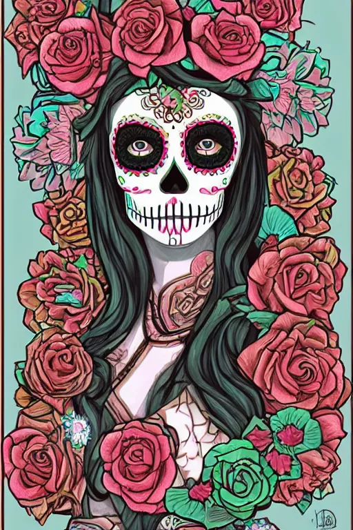 Image similar to illustration of a sugar skull day of the dead girl, art by lixin yin