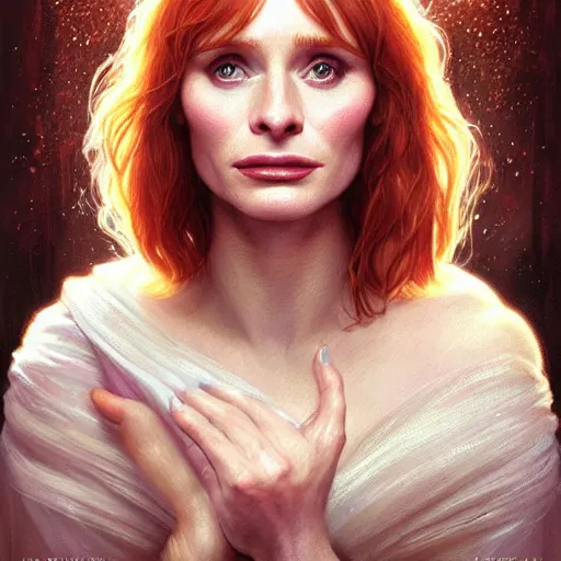 Prompt: portrait of Bryce Dallas Howard , extra onions and ketchup, luscious patty with sesame seeds, feminine ethereal, handsome, D&D, fantasy, intricate, elegant, highly detailed, digital painting, artstation, concept art, matte, sharp focus, illustration, art by Artgerm and Greg Rutkowski and Alphonse Mucha