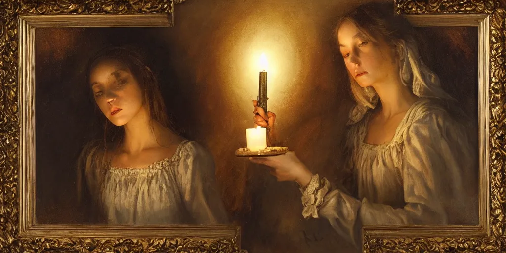 Prompt: Highly detailed and cinematic romantic period oil painting of a medieval peasant girl holding a candle, strong atmosphere, oil painting masterpiece by Josep Tapiró Baró, symmetry, fractals