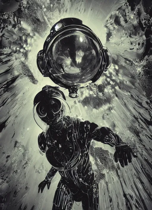 Prompt: astronauts in dark minimalists underwater - hyperdetailed suit. reflection and dispersion plastic materials. water bubbles. rays and dispersion of light. volumetric light. 5 0 mm, f / 3 2. noise film photo. flash photography. ultra realistic, wide angle. poster by wayne barlowe, hajime sorayama aaron horkey, craig mullins. dark key.