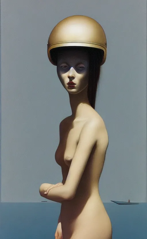 Image similar to portrait of a girl wearing helmet with tight black latex dress, Edward Hopper and James Gilleard, Zdzislaw Beksinski, Mark Ryden, Wolfgang Lettl highly detailed