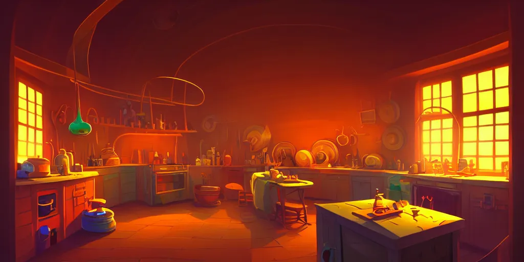 Prompt: spiral lines, naive nerikomi, weird perspective, extra narrow, detailed illustration of a kitchen dim lit by flashlight in a scenic spiral environment by rhads from lorax movie, trending artstation, true color