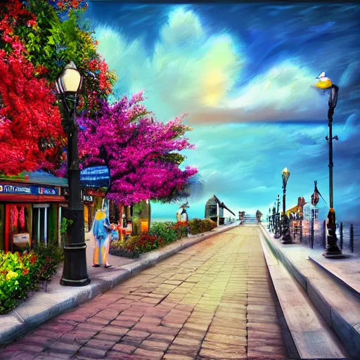 Image similar to by the seaside town street, digital painting, bloom, hyperrealistic, photo