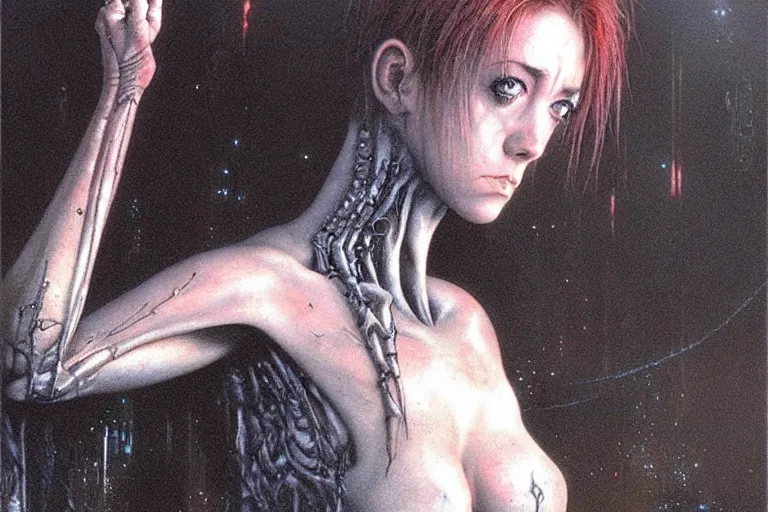 Prompt: cute young alyson hannigan with short hairs in dark city by luis royo and wayne barlowe, beksinski