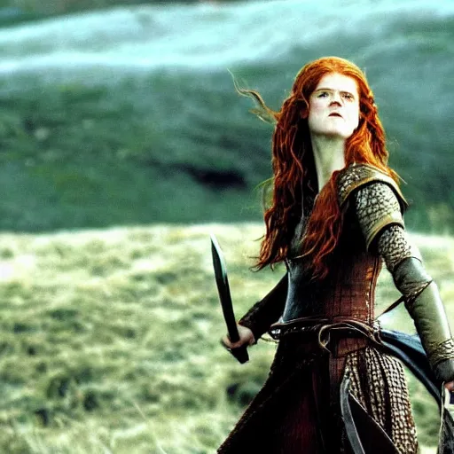 Image similar to Rose Leslie as Eowyn, Lord of the Rings, film still, high detail