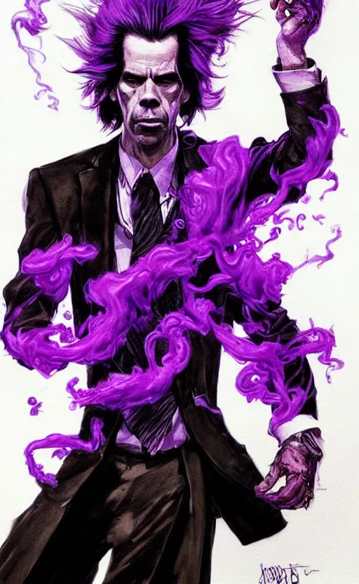 Image similar to full body portrait of nick cave with a lot of purple smoke coming out of his mouth!!!, concept art, sumi - e style, intricate linework, artstation, trending, highly detailed, smooth, focus, art by yoji shinkawa and glenn fabry,