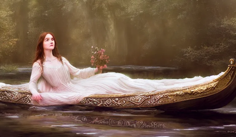 Image similar to full body pose of lady of shalott laying in a river, sadness, longing, sharp focus, intricate, elegant, digital painting, artstation, matte, highly detailed, concept art, illustration, volumetric lighting, bokeh light, art by greg olsen and liz lemon and john william waterhouse