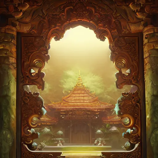 Prompt: massive ornately carved Shangri-la temple door at the end of stone steps, magical atmosphere, by Renato muccillo and Andreas Rocha and Johanna Rupprecht, trending on artstation, dofus colors, wakfu colors,