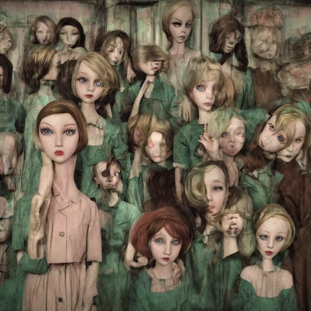 Prompt: animatronic dolls on the subway by margaret keane, 1 9 6 0 s, vaporwave, glass eyes, real hair, dimly lit, distressed venetian green plaster walls, liminal space, haunting atmosphere, gothic, photorealistic, hyperdetailed 3 d matte painting, hyperrealism, hyperrealistic, cinematic, silent hill, horror style, unrealengine octane render, 8 k