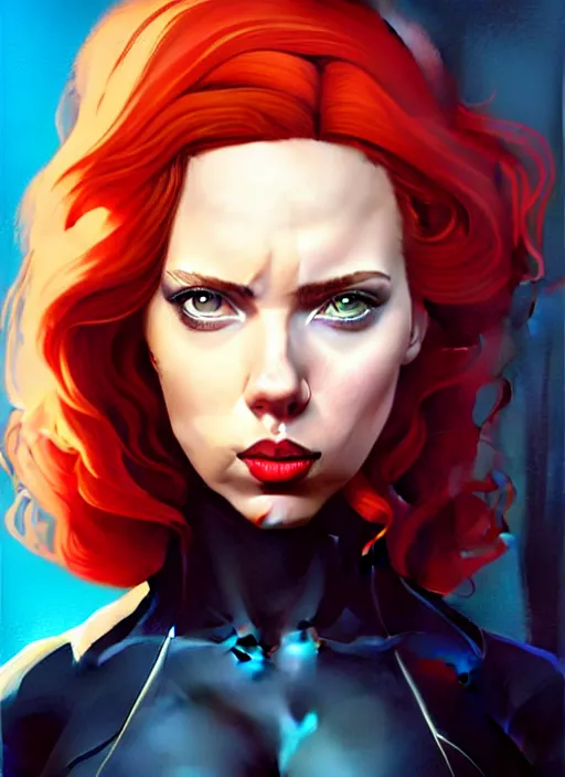 Image similar to peter mohrbacher, phil noto, artgerm, pretty scarlett johansson black widow, symmetrical eyes, long red hair, city rooftop