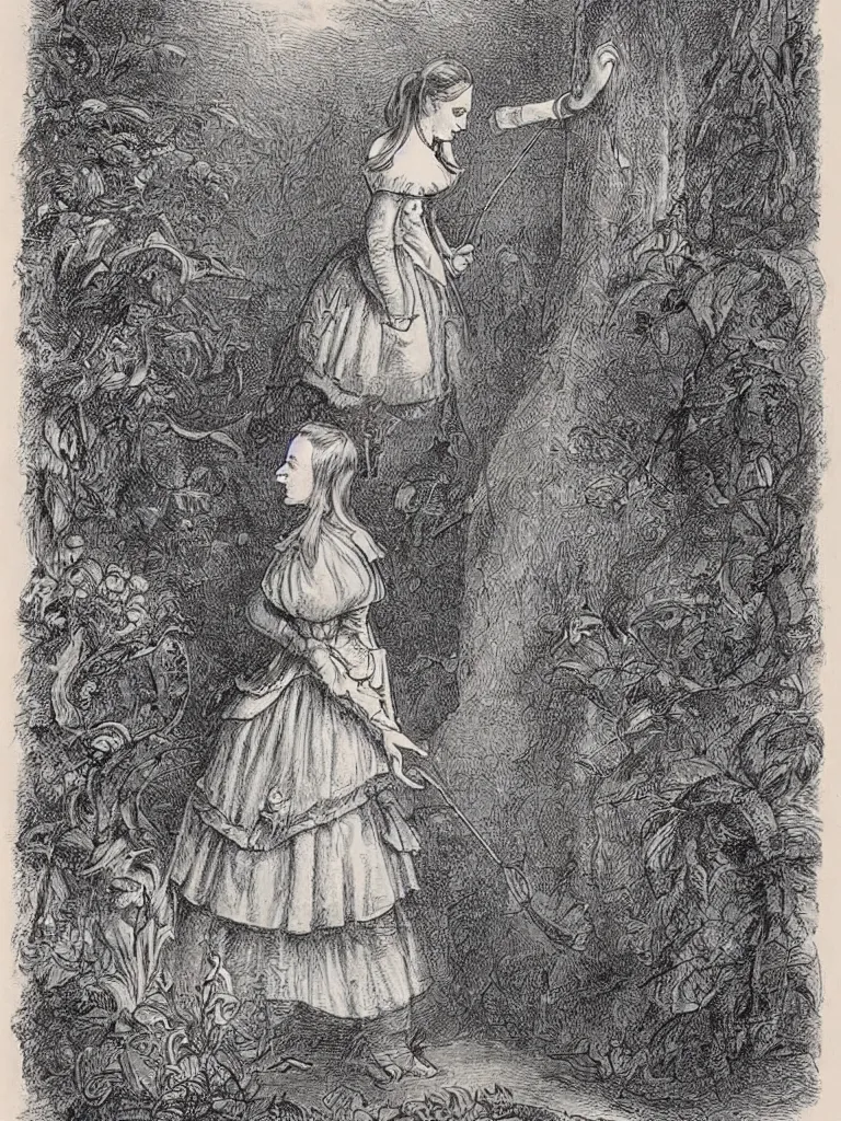 Image similar to Tenniel illustration portrait of Alice, walking in wonderland