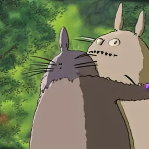 Prompt: totoro and larry david hugging, ghibli film