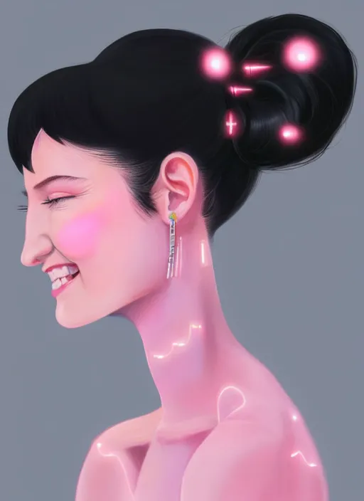 Image similar to portrait of teenage girl, narrow face, black hair, bangs, half updo hairstyle, pointy nose, skinny, smile, unattractive, defined jawline, big chin, pink hair bow, earrings, intricate, elegant, glowing lights, highly detailed, digital painting, artstation, sharp focus, illustration, art by wlop, mars ravelo and greg rutkowski