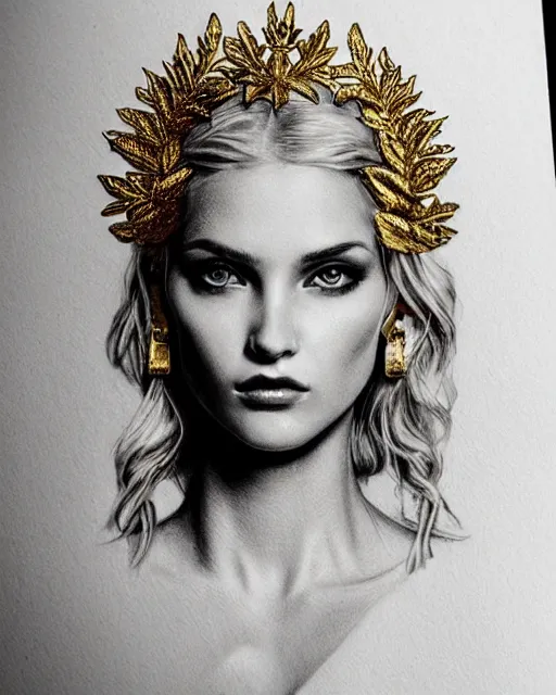 Image similar to tattoo sketch of hot blonde super model as aphrodite greek goddess wearing a gold laurel wreath and triangle earrings, beautiful piercing gaze with sharp pupils, in the style of greg rutkowski, fantasy, amazing detail, epic, elegant, smooth, sharp focus, front view