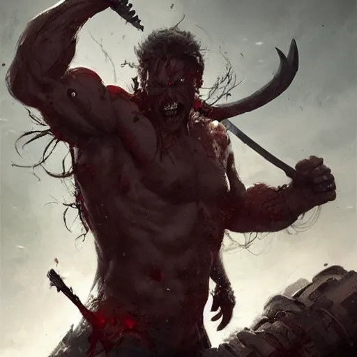 Image similar to mutant man with sword, fantasy boss, dramatic illustration, muscular character, a lot of blood, huge horns, art by greg rutkowski, digital art, artstation