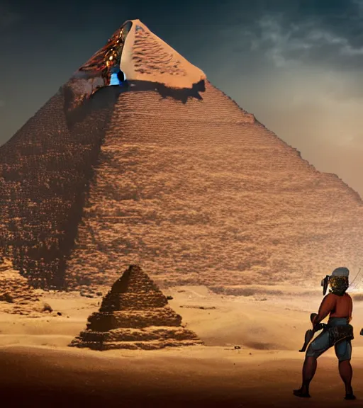 Image similar to a beefy man with a machine gun, egyptian pyramid in the background, 4 k, sharp focus, illustration, highly detailed, cinematic, photorealistic, cyberpunk