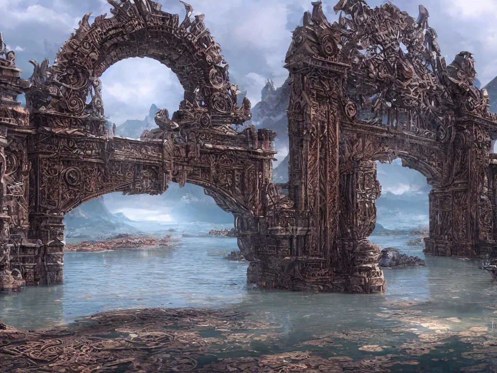 Image similar to an intricate concept art of a large structure tribal gate in a lagoon, artstation, sci - fi, hyper realistic, concept art, art by dylan cole, cinematic lighting, octane render