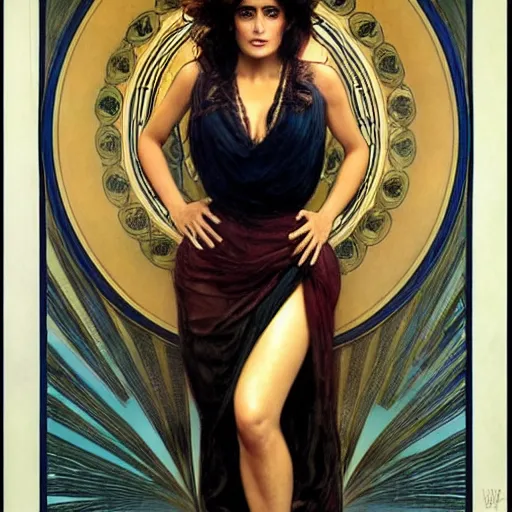 Image similar to salma hayek medium shot portrait by alphonse mucha, perfect proportions, beautiful face, perfect eyes, real life colors, elegant, sharp focus, hyper - realistic, 4 k, highly detailed, hd, dramatic lighting by brom