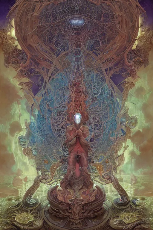 Image similar to god of portals, tarot card, fantasy drawing made of fractals, ultra realistic, wide angle, art nouveau, intricate details, rainbowshift, vivid colors, highly detailed by peter mohrbacher, wayne barlowe, maxfield parrish, aaron horkey, gaston bussiere, craig mullins