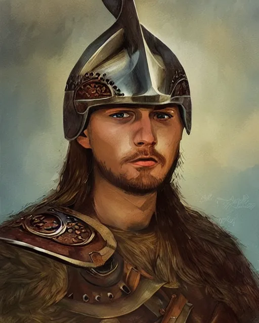 Prompt: a portrait of a handsome young viking warrior, art by denys tsiperko and bogdan rezunenko