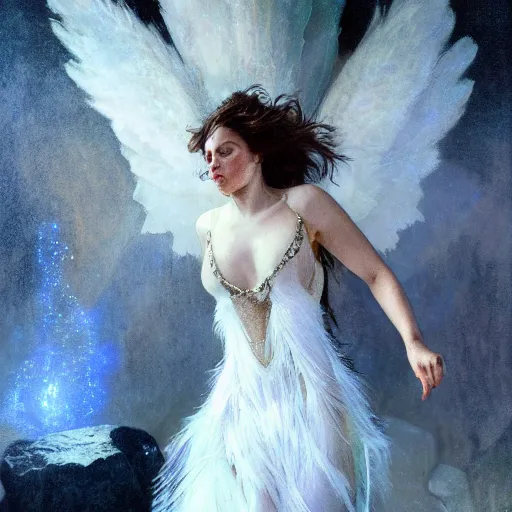 Prompt: hyperrealistic portrait of an angel woman descending onto a stone room in darkness with the damned screaming in despair, white swan dress long feathers and sapphire jewellery by jeremy mann and alphonse mucha, high shadow contrast, daydreaming hell, fantasy art, photo realistic, dynamic lighting, artstation, poster, volumetric lighting, very detailed faces, 4 k, award winning