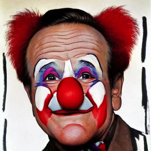 Image similar to Robin Williams wearing clown make up, white face red nose. painted by Norman Rockwell