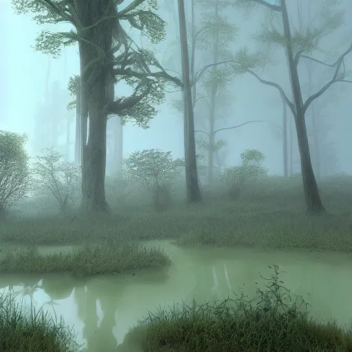 Prompt: artistic swamp with mystic fog, ancient vegetation, water on the foreground, from horror movies, artstation, low poly