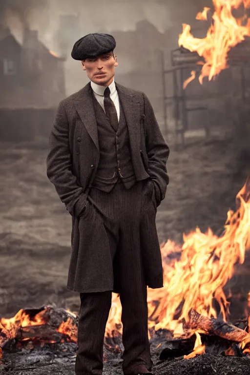 Prompt: Full-body portrait of Cillian Murphy in Peaky Blinders standing, fire in the background, dramatic, gloomy, dark, bleak, cheerless, desolate, impressive, tragic, cinematic, dull colours, dark colour scheme, atmospheric, high quality, bad vibes