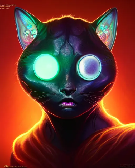 Image similar to one singular portrait of a bioluminescent cat creature with big glowing eyes, highly detailed, digital painting, cinematic, hyper realism, dark retrowave, art by Stanley Lau and Artgerm and magali villeneuve and Alphonse Mucha, artstation, octane render, cgsociety