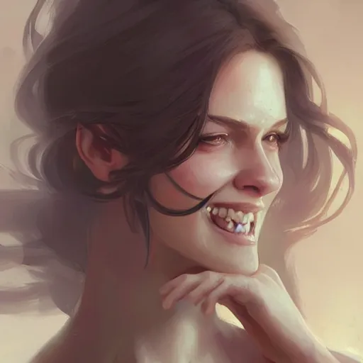 Prompt: portrait of a woman with a sharp chin, light smile, beautiful, gorgeous, long wavy hair, greg rutkowski, artstation