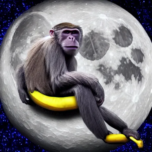 Image similar to a giant monkey eating a banana in the moon, space, night, realistic, fur, star wars style, neon, laser