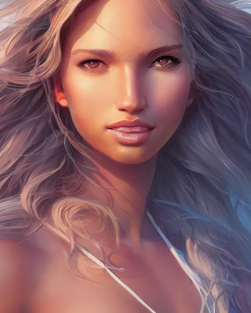 Prompt: summer vibes, beautiful sun tanned goddess, flowy hair, sun, summer, cinematic lighting, highly detailed, digital painting, trending on artstation, pixiv, concept art, sharp focus, illustration, art by ross tran and wlop