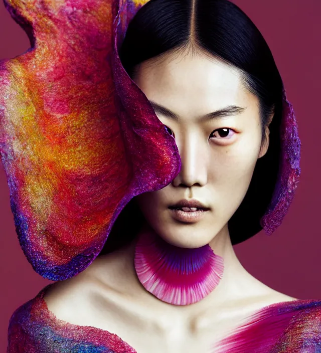 Image similar to photography facial portrait of liu wen, natural background, natural pose, wearing stunning cape by iris van herpen, with a colorfull makeup. highly detailed, skin grain detail, photography by paolo roversi, nick knight, helmut newton, avedon, araki