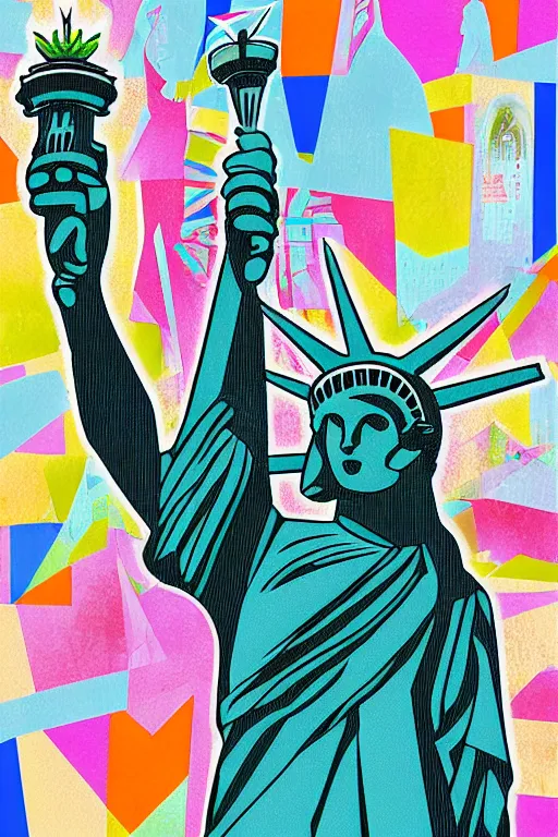 Image similar to cubist statue of liberty cutout digital illustration cartoon colorful beeple