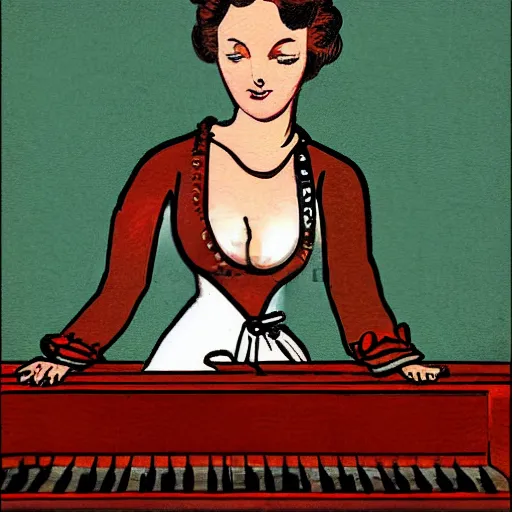 Image similar to vintage ship woman sitting in an piano, retro cartoon